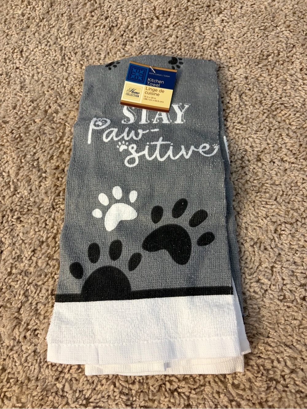 Home Collection Gray and White "Stay Paw-sitive" Kitchen Towel